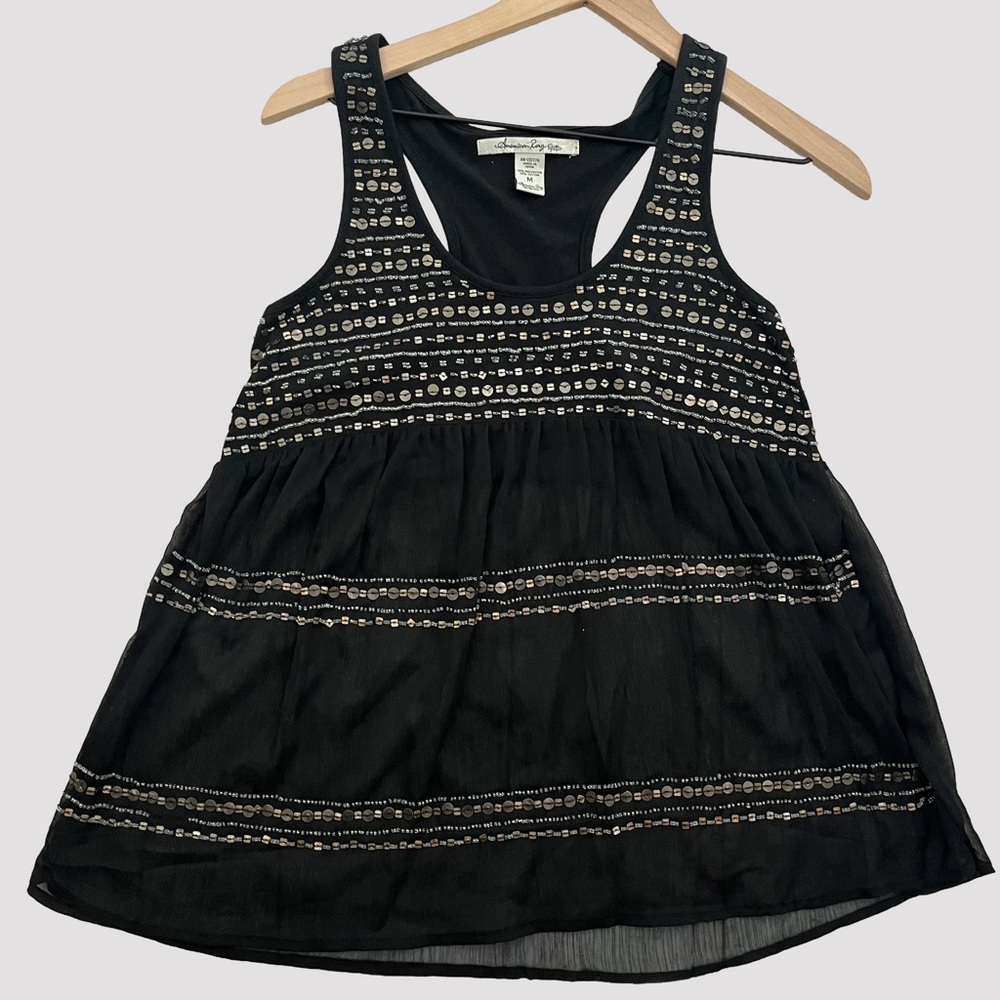 American Rag Y2K Whimsigoth Sequin Sheer Babydoll Racerback Top Medium Black